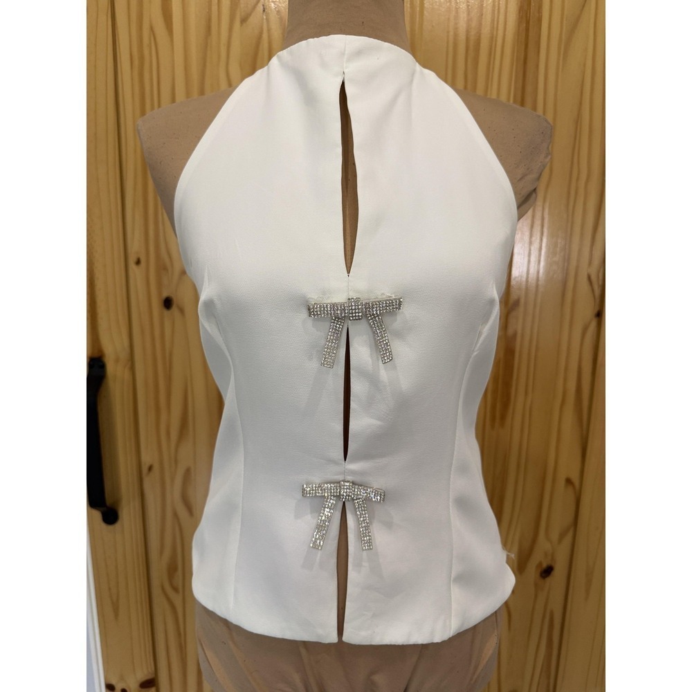 Halter Tank Top Womens Medium White Rhinestone Bow Cutout Camisole Party Slit